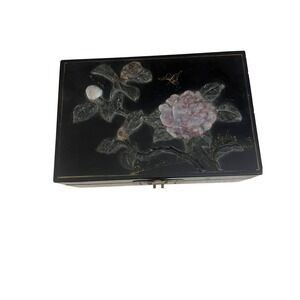 Vintage Chinese Black Lacquer Jewelry Box Soapstone Inlay Peony Butterfly Large